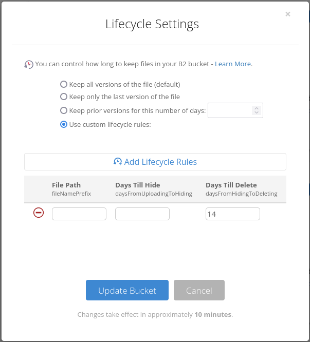 Screenshot showing a lifecycle settings of a sample B2 bucket